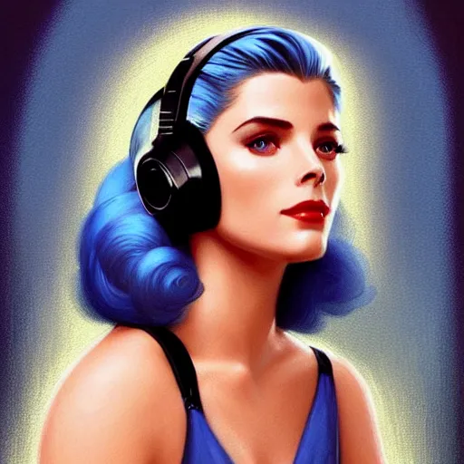 Image similar to Ashley Greene's face combined with Grace Kelly's face with blue hair wearing Power Armor and a headset, western, D&D, fantasy, intricate, elegant, highly detailed, digital painting, artstation, concept art, matte, sharp focus, illustration, art by Artgerm and Greg Rutkowski and Alphonse Mucha