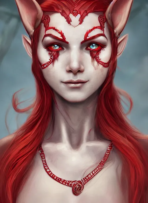 Prompt: red skin, Tiefling , smiling, beautiful detailed eyes, cute, fantasy, intricate, elegant, highly detailed, digital painting, 4k, HDR, concept art, detailed jewelry, smooth, sharp focus, illustration, by Eric Deschamps