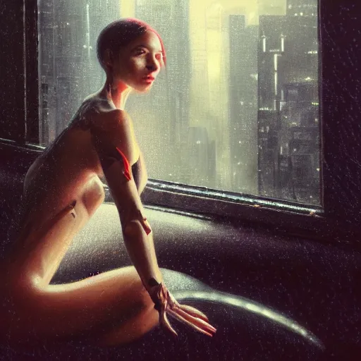 Prompt: detailed portrait of a biomechanical woman, moment, cyberpunk cloisters, electronic billboards, tech noir, wet reflections, atmospheric, ambient, livia prima, greg rutkowski, edward hopper, pj crook