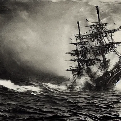 Image similar to an impossibly huge pirate ship, being attacked by a kraken, giant tentacles. 1910s photograph