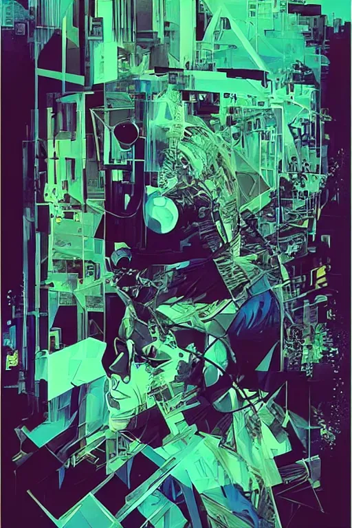 Image similar to fisheye, a silhouette of a man lost in tensor fields, madness, decoherence, synthwave, glitch!!, fracture, realistic, hyperdetailed, concept art, golden hour, art by syd mead, cubism