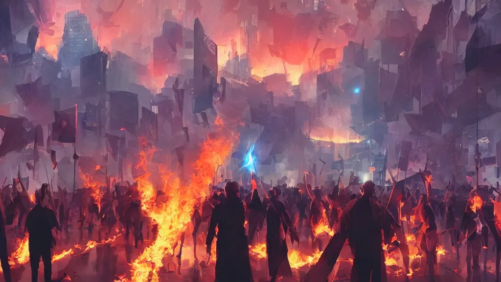 Image similar to protesters holding placards, abstract digital illustration by greg rutkowski, fire, android netrunner, nighttime