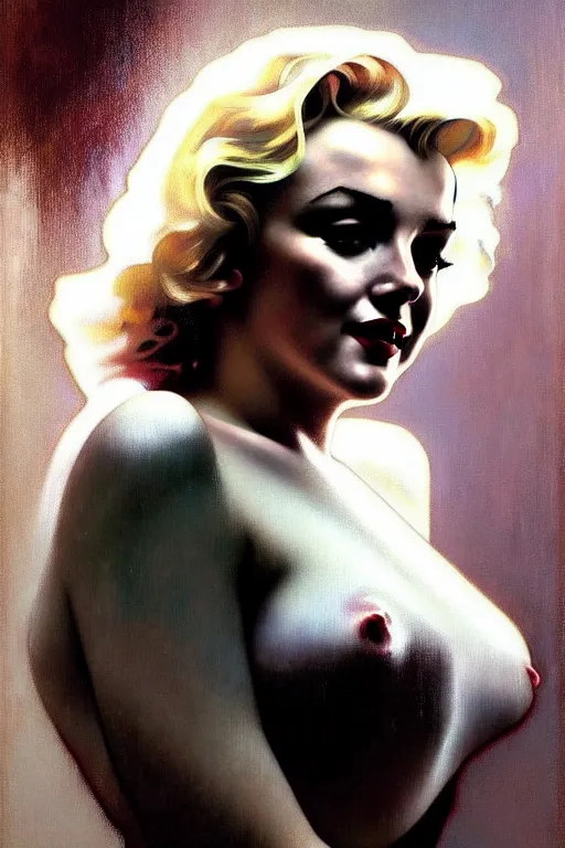 Image similar to hyperrealist portrait of marilyn monroe using a smartphone. by jeremy mann and alphonse mucha, fantasy art, photo realistic, dynamic lighting, artstation, poster, volumetric lighting, very detailed faces, 4 k, award winning