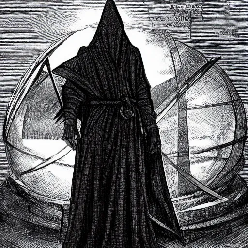 Prompt: a mysterious hooded man with face shrouded in darkness standing before the ruin of an enormous armillary sphere, dark and forboding, concept art