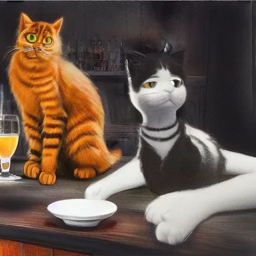 Image similar to “Garfield the cat and Elvis Presley sitting at the bar, realistic, hiperrealist, photorealist, intricate, sharp focus, cinematic lights, Artstation HQ, Deviantart trending, 4K UHD, masterpiece”