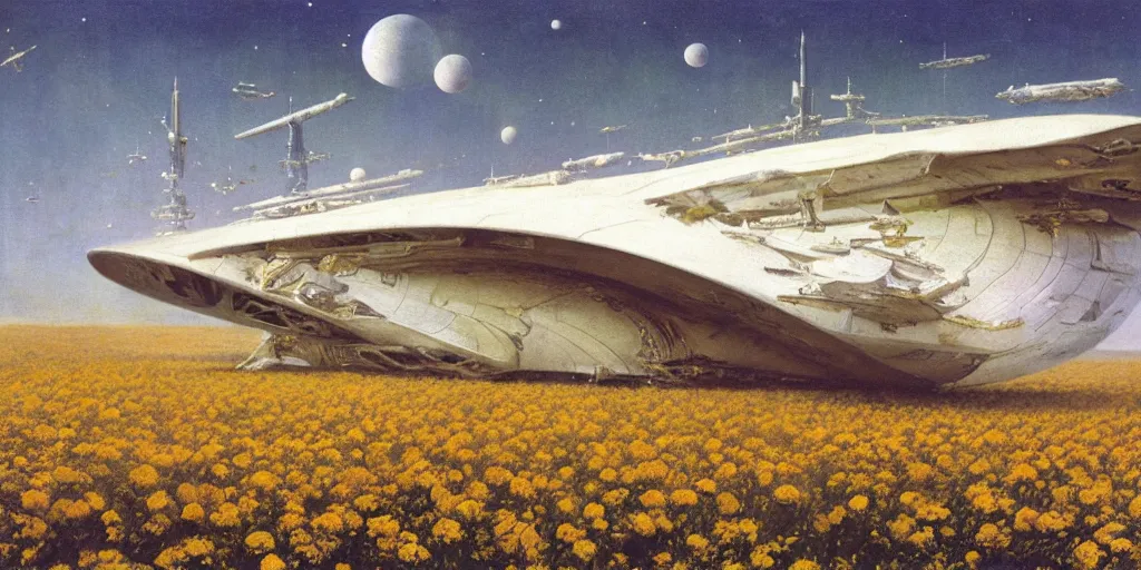 Prompt: Fernand Khnopff super technologies white giant spaceship starship battlestar airship superstructure deck, landed laying in center on tansy wormwood field, mountains afar by Fernand Khnopff by john berkey, oil painting, concept art, interstellar movie, blue disc of planet on horizon