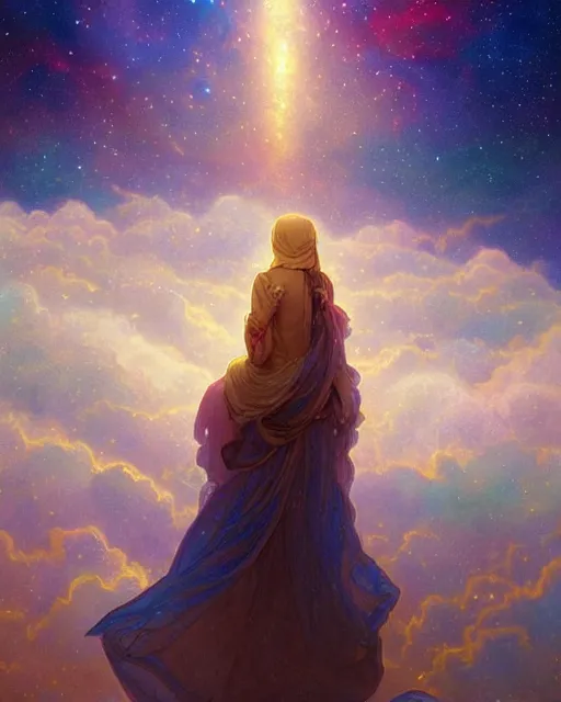 Prompt: the quran descending from the galaxy into clouds highly detailed, gold filigree, romantic storybook fantasy, soft cinematic lighting, award, disney concept art watercolor illustration by mandy jurgens and alphonse mucha and alena aenami, pastel color palette, featured on artstation