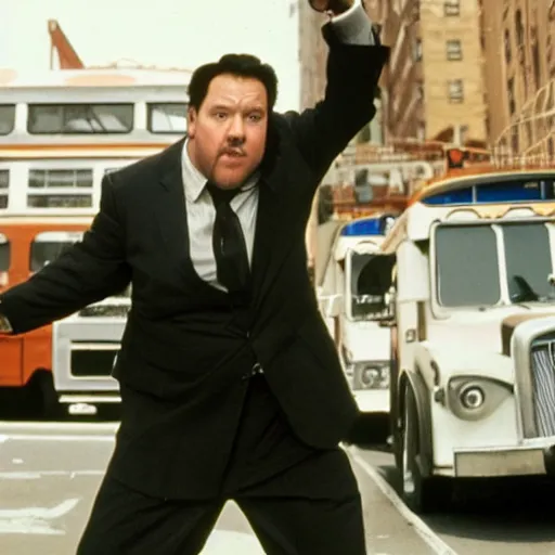 Image similar to clean-shaven Jon Favreau as Happy Hogan wearing a black suit and black necktie fighting a bus in the streets of New York city, cinematic, 33mm film still