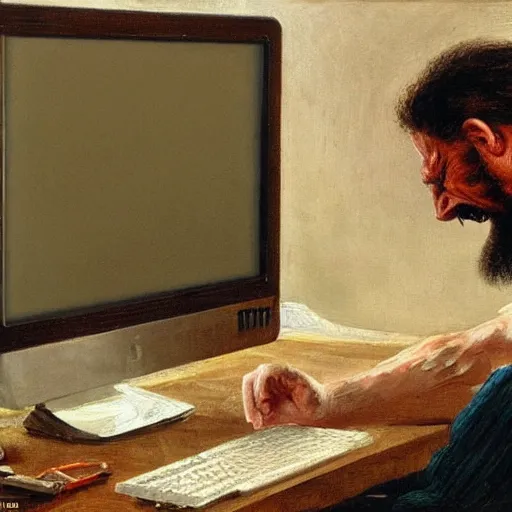 Image similar to an angry man yells at his computer monitor, oil on canvas, 1 8 8 3, highly detailed, high resolution