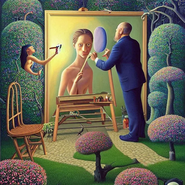 Image similar to an oil on canvas portrait of a man painting a portrait of a beautiful woman in the garden, surrealism, surrealist, lovecraftian, cosmic horror, rob gonsalves, high detail