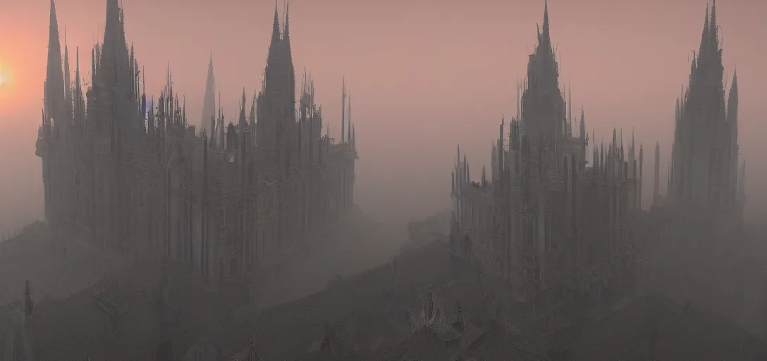 Image similar to A palace with a thousand long, thin spires of metal. Sunset. Thick atmosphere of fog. 4K. Many intrincate details.