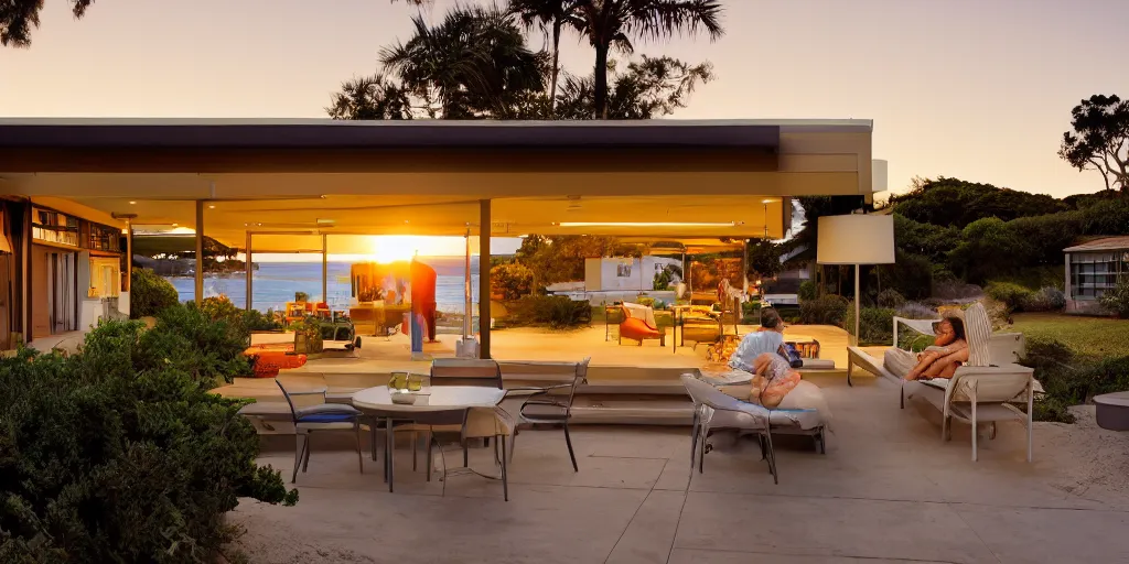 Image similar to a mid-century Eichler Home on a beach at sunset with view of the ocean in the style of sunset magazine and dwell magazine. Highly detailed, photorealistic, 8k 35mm, award winning architecture photography