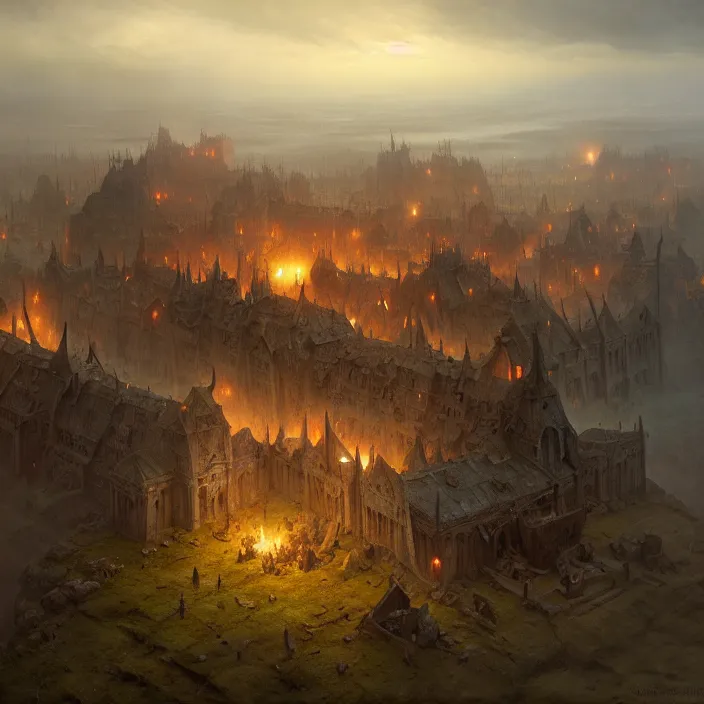 Prompt: matte painting by marc simonetti, jonathan solter, greg rutkowski of a viking battlefield, masterpiece, cinematic, hyperdetailed, photorealistic, hyperrealism, architecture, aerial view,