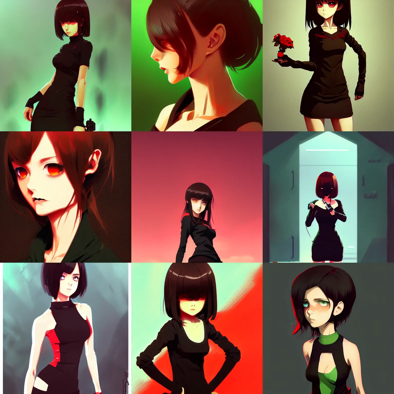 Prompt: yor forger with perfect body with brown hair and green eyes, wearing an black dress, earring, red and black color palette, in the style of and ilya kuvshinov and greg rutkowski, high quality anime artstyle, intricate