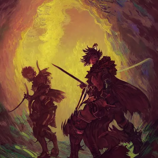 Prompt: A trio of paladin fairy protagonists with enchanted weapons are exploring the grimdarkest dungeon depths. trending on Pixiv. trending on ArtStation. A vibrant digital oil painting. A highly detailed fantasy character illustration by Wayne Reynolds and Charles Monet and Gustave Dore and Carl Critchlow and Bram Sels