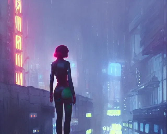 Prompt: 1 4 4 4 blade runner movie still ramona flowers look at the cityscape from roof perfect face fine realistic face pretty face reflective polymer suit tight neon puffy jacket blue futuristic sci - fi elegant by denis villeneuve tom anders zorn hans dragan bibin thoma greg rutkowski ismail inceoglu illustrated sand storm alphonse mucha