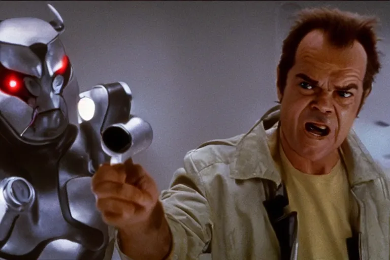 Image similar to Jack Nicholson plays Pikachu Terminator scene where his inner exoskeleton is visible and his eye glows red, still from the film