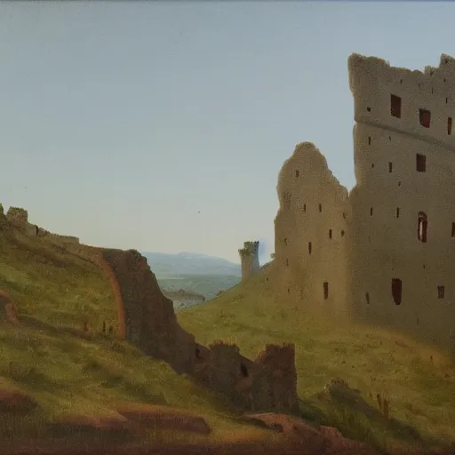 Prompt: a painting of a ruined castle, in the style of caspar david friedrich