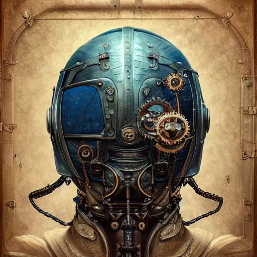 Image similar to dan mumford tom bagshaw, dream world curiosities carnival, photorealistic soft paint of a single very beautiful helmet full long steampunk armored, ultra deep fog, partial symmetry accurate features, focus, very intricate ultrafine details, award winning masterpiece, steampunk world