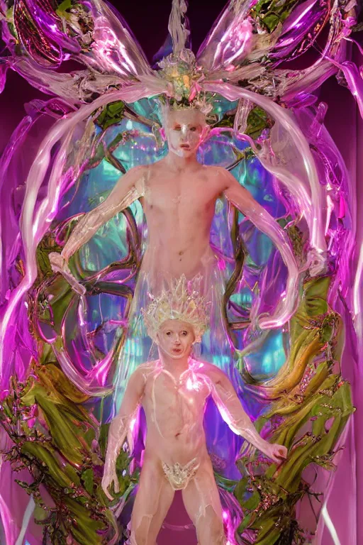 Prompt: full-body rococo and cyberpunk delicate neon crystalline sculpture of ((muscular albino prince Nick Jonas)) as an iridescent humanoid deity wearing a thin see-through ((plastic hooded cloak)) sim roupa (holding a human skull), reclining con (((las piernas abiertas))), glowing pink face, crown of (white lasers), large diamonds, swirling black silk fabric. futuristic elements. oozing glowing liquid, full-length view. space robots. intricate artwork by caravaggio. Trending on artstation, octane render, cinematic lighting from the right, hyper realism, octane render, 8k, depth of field, 3D