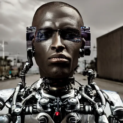 Image similar to a cinematic film still of a black man as a cybernetic cyborg, surrealism, film photography