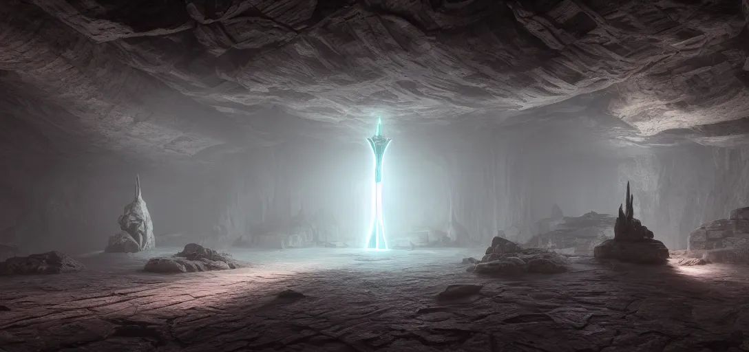 Image similar to dramatic photo of underground ancient stone alien interior, ambient occlusion, glowing straight neon lines on the floor, large glowing obelisk at the end of the room, giant looming statue, raytracing, unreal engine, dramatic lighting, detailed,, global illumination, god rays, 3 d artstation by greg rutowski and jessica rossier