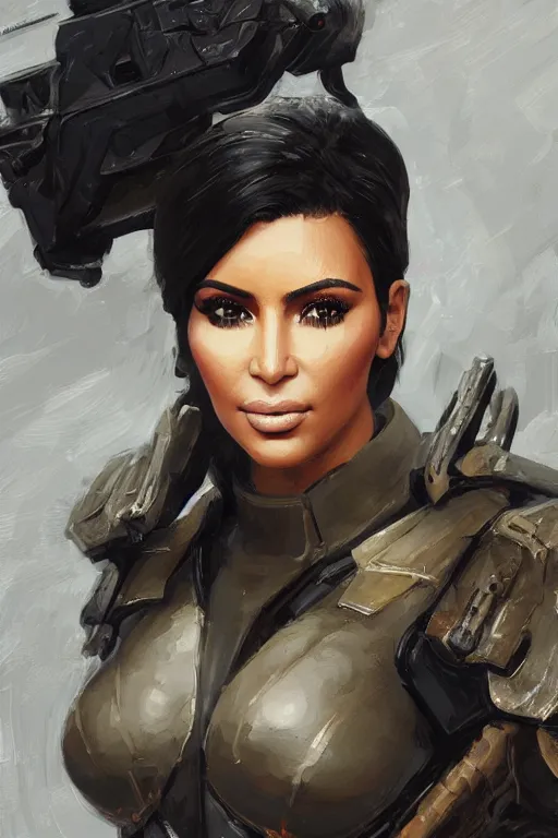 Image similar to a professionally painted portrait of Kim Kardashian, clothed in military armor, intricate, elegant, digital painting, trending on Artstation, concept art, smooth, sharp focus, illustration, from Metal Gear by Ruan Jia and Mandy Jurgens and Artgerm and William-Adolphe Bouguerea, award winning