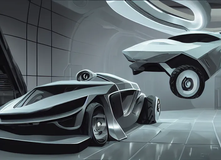 Image similar to an automobile in a studio, futuristic, art style by pablo carpio, car design by vergil exner, big engine and big wheels. full view, blank background.