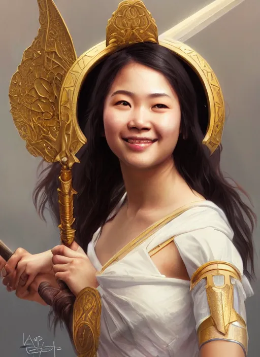 Image similar to Close-up portrait of smiling young asian woman wearing a winged helmet and bare shoulders, holding a magic staff, portrait, highly detailed, digital painting, artstation, concept art, sharp focus, illustration, art by artgerm and greg rutkowski and alphonse mucha