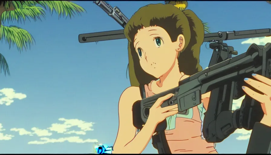 Image similar to 1 9 8 6 anime screencap of a girl with a gun on a rio de janeiro anime, by hayao miyazaki, studio ghibli, favela background extremely high quality artwork 4 k