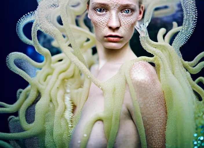 Image similar to kodak portra 4 0 0 photo portrait of a beautiful sirens floating in a crystal tank in style of tim walker, amphibian skin dress intricate detailed scales, 5 0 mm lens, f 2. 4, elegant, highly detailed, sharp focus, ethereal, out worldly colours, emotionally evoking, head in focus, soft blur light dreamy underwater, volumetric lighting, epic fantasy