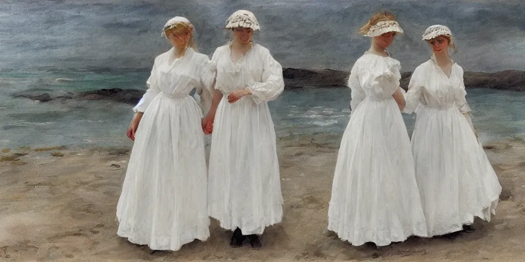 Prompt: 2 young edwardian women wearing white dresses hold hands on a beach in Sweden, in the style of Anders Zorn