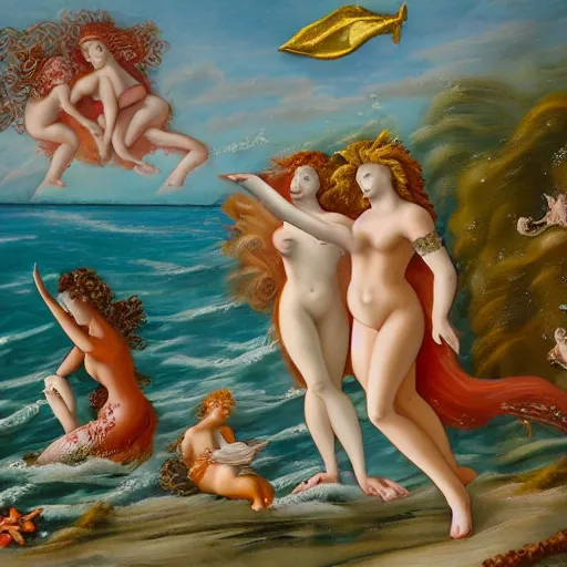 Image similar to The mixed media art depicts the goddess Venus, who is born from the sea, being blown towards the shore by the wind god Zephyr. On the shore, the goddess of love, beauty, and fertility, is greeted by the nymphs who attend to her. The mixed media art is a masterful example of use of color, light, and perspective. The figures are depicted in graceful poses, and the overall effect is one of serenity and beauty. white by Heather Theurer mournful