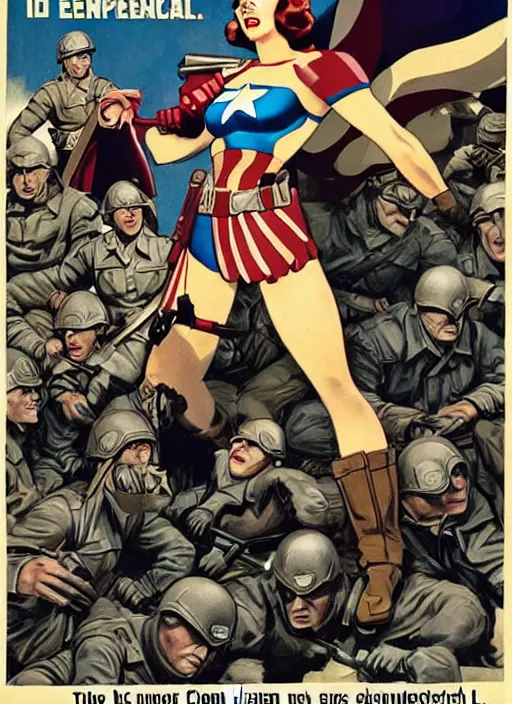 Prompt: beautiful female captain america standing on a pile of defeated, beaten and broken german soldiers. feminist captain america wins wwii. american wwii propaganda poster by james gurney and pixar. gorgeous face. overwatch. braided hair