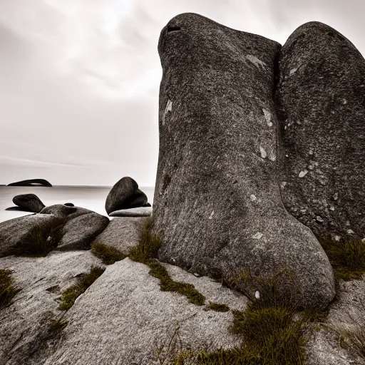 Image similar to a breathtaking photograph of a windswept dunes scandinavian landscape, a withered ancient altar stone in center, ultra wide shot, cinematic, 8 k, dramatic lighting