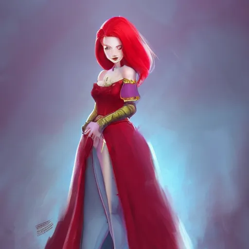 Image similar to a woman wearing a princess outfit, full body shot, red hair, highly detailed, digital painting, artstation, concept art, smooth, sharp focus, illustration