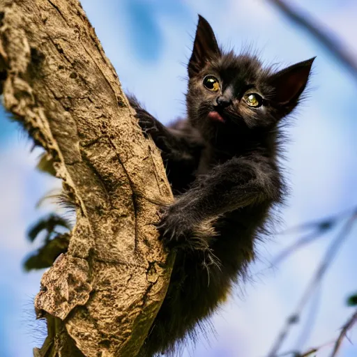 Image similar to a bat kitten, in a tree, Canon EOS R3, telephoto, very detailed, 4k