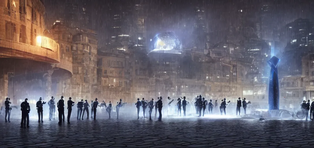 Image similar to policemen protect a huge spiral - shaped luminous object right in the center of the city from protesting crawd, night, rain and light fog, professional lighting, concept art in 3 d, high detail, professional lighting