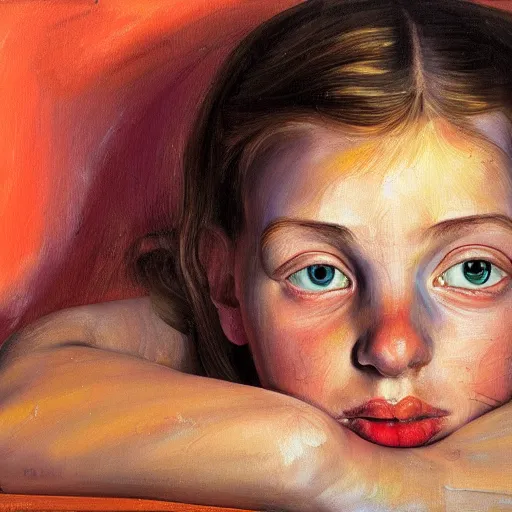 Prompt: high quality high detail painting by lucian freud, hd, beautiful young girl portrait, orange and violet, photorealistic lighting