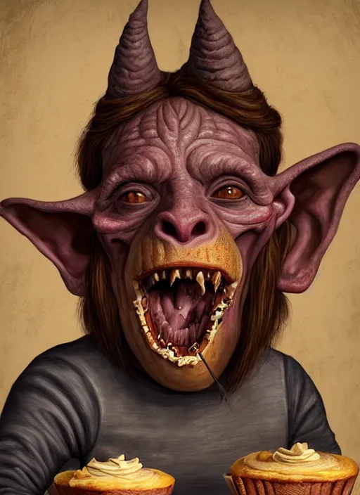 Image similar to portrait of a medieval goblin eating cakes in the cloisters beautiful face hyper realistic highly detailed digital painting artstation illustration co