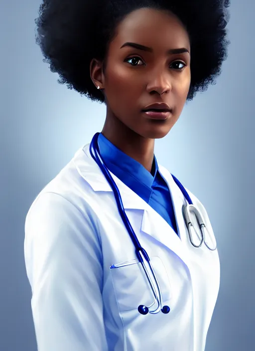 Image similar to half body portrait of young black woman as a doctor, blue scrubs and white coat, intricate, beautiful and elegant, highly detailed, digital painting, artstation, concept art, smooth, sharp focus, illustration, art by wlop, mars ravelo and greg rutkowski