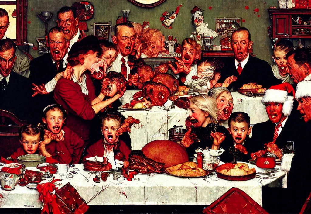Image similar to A Norman Rockwell painting of a family losing their grip on reality during a Christmas dinner, horror, blood red, cosmic horror, cinematic, 8k