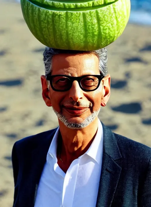 Image similar to jeff goldblum as a melon on the sand of a beach