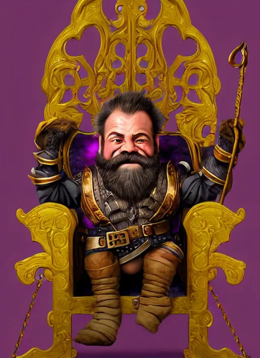 Image similar to dwarf fighter sitting in mechanical chair that has spider legs, gold and purple, exquisite details, black beard, white background, by studio muti