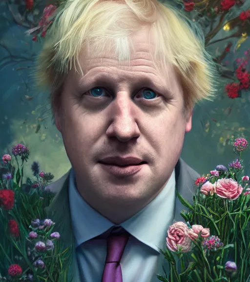 Image similar to portrait of boris johnson in 3 0 s, surrounded by flowers by karol bak, james jean, tom bagshaw, rococo, trending on artstation, cinematic lighting, hyper realism, octane render, 8 k, hyper detailed