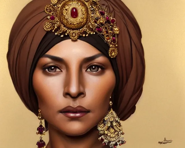 Image similar to mindblowing portrait of an elegant tan woman in her 5 0 s, ornate turban, brown eyes, ruby and gold jewelry, deep focus, symmetrical face, d & d, fantasy, intricate, elegant, highly detailed, digital painting, artstation, concept art, matte, sharp, illustration, hearthstone, art by artgerm and greg rutkowski and alphonse mucha