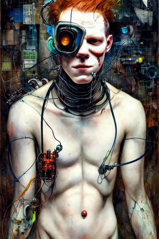 Image similar to cameron monaghan as a cyberpunk hacker, wires cybernetic implants, by esao andrews, jenny saville, james jean