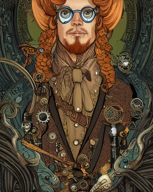 Image similar to a detailed portrait illustration of a steampunk tech - sorcerer. handsome male face, ginger. art nouveau, pop art, comic book style. influenced by neil gaiman, h. p. lovecraft, dan mumford, brian froud, heade, killian eng, ross tran.