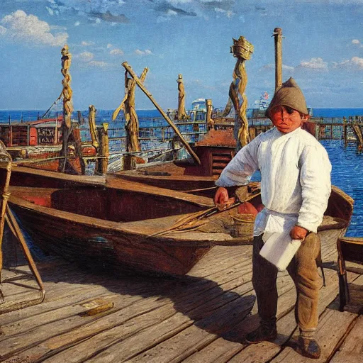 Prompt: painting of cabin boy hyperrealism vasily vereshchagin at harbor symmetrical
