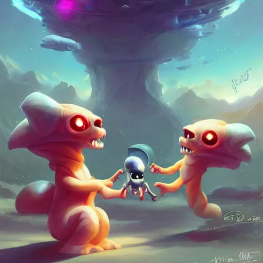 Prompt: Cute alien animals playing with each other , cgsociety, fantasy art, concept art , ambient occlusion, behance hd , concept art by Jesper Ejsing, by RHADS, Makoto Shinkai Cyril Rolando